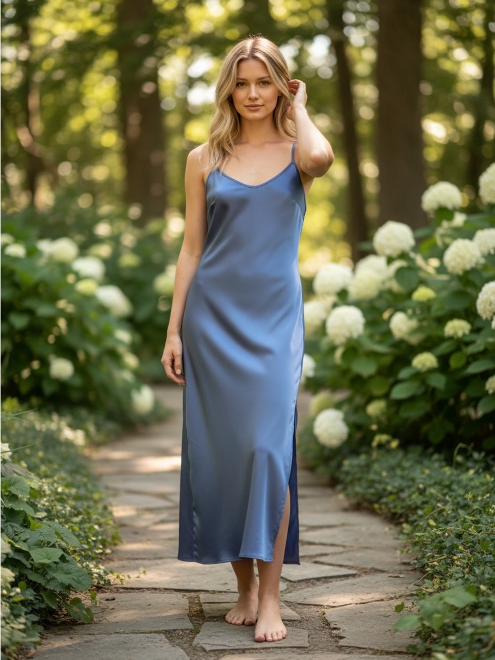 J.Crew Bungalow Blue Satin Slip Dress XS Side Slits Adjustable Straps